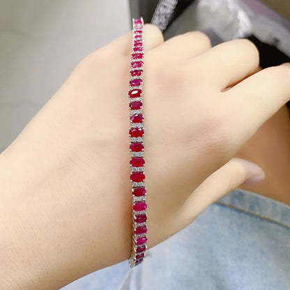 925 Silver Full-Set Natural Ruby Bracelet, AAA Gemstone Chain with Certification, Luxury Red Jewelry for Women