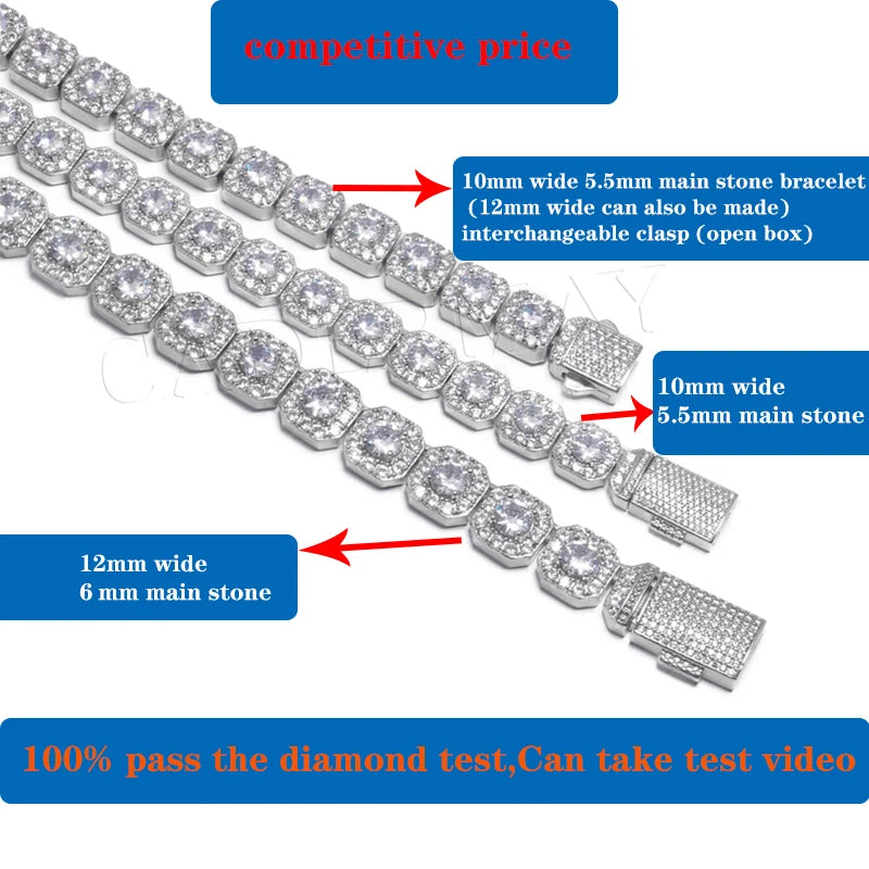 A silver-toned diamond-encrusted bracelet shown on a white background with overlaid blue text boxes and red arrows explaining sizes and clasp details.