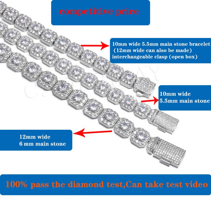 A silver-toned diamond-encrusted bracelet shown on a white background with overlaid blue text boxes and red arrows explaining sizes and clasp details.
