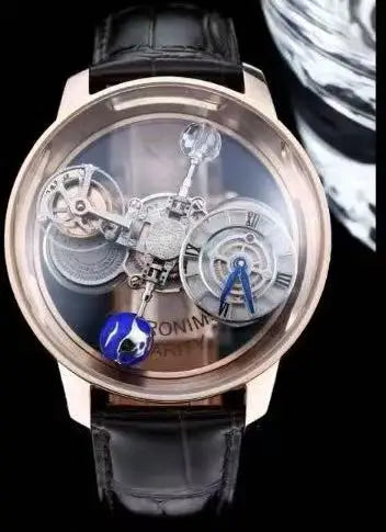 Luxury Astronomical Tourbillon Watch, 3D Celestial Rotating Dial Skeleton Quartz Wristwatch with Blue Leather Strap for Men