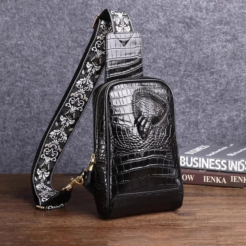 Top Quality Men Crocodile Genuine Leather Chest Bag Travel Flap Crossbody Bag New Fashion Floral Embroidery Strap Shoulder Bags