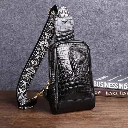 Top Quality Men Crocodile Genuine Leather Chest Bag Travel Flap Crossbody Bag New Fashion Floral Embroidery Strap Shoulder Bags