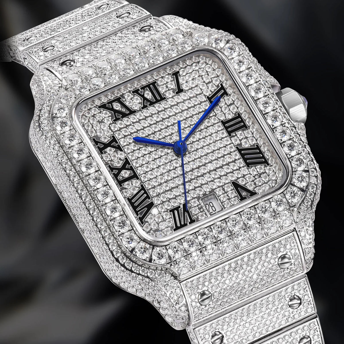 Luxury diamond-encrusted watch with Roman numeral markers on a dark background