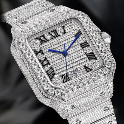 Luxury diamond-encrusted watch with Roman numeral markers on a dark background