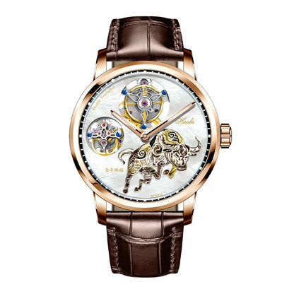 Haofa Doppeltourbillon Handaufzug Mechanische Herrenuhren Schalen-Schnitzerei Stier Segen Krokodilarmband Edelstahlgehäuse 005