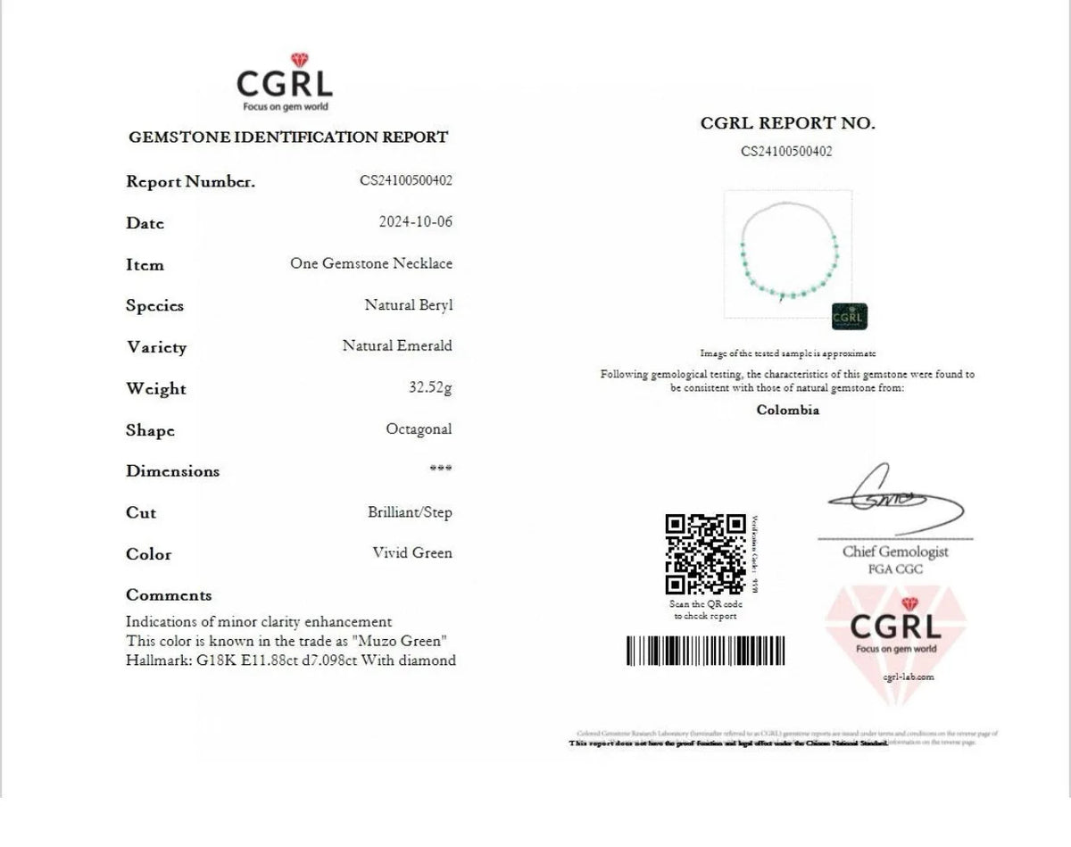 A gemstone identification report card for a One Gemstone Necklace, showing details like report number, date, item type, and dimensions on a white background with the CGRL logo.