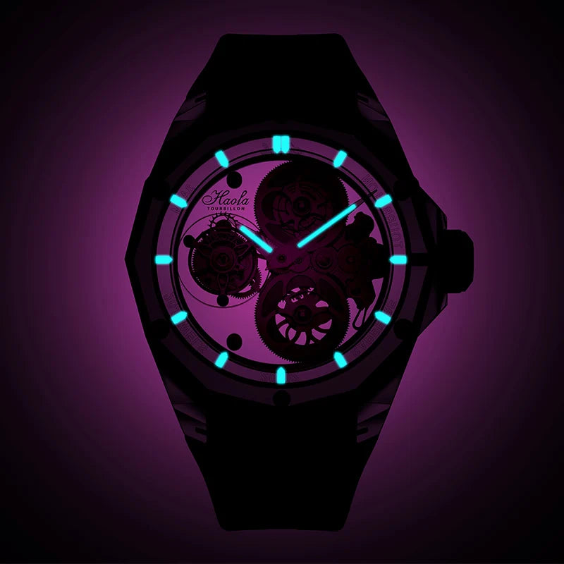 Glowing watch face with visible brand logo on a dark background