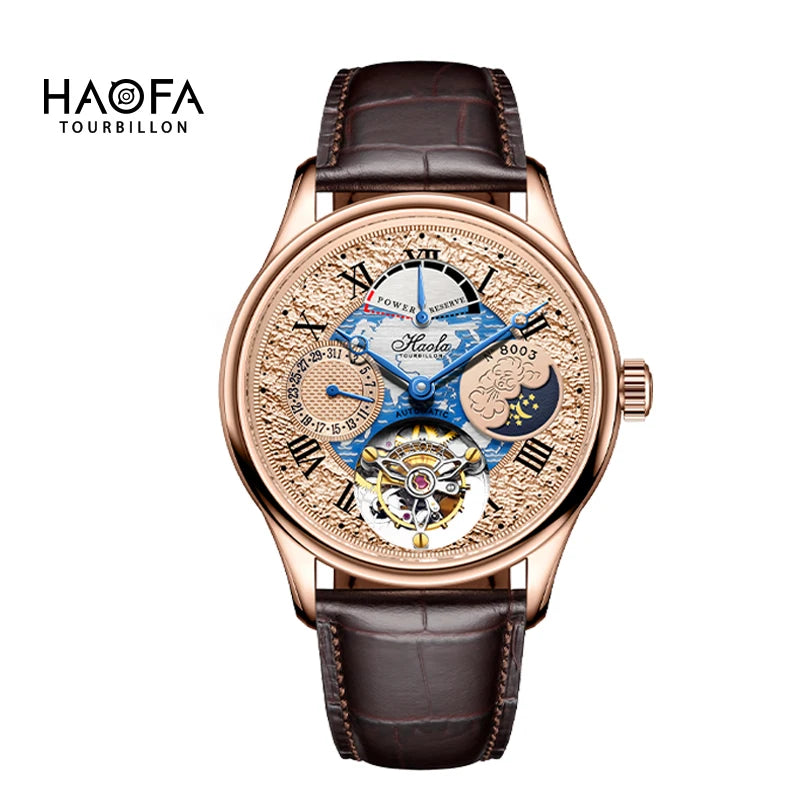HAOFA Tourbillon men's watch featuring a rose gold case, a brown leather strap, and a highly detailed skeleton dial with a blue and gold moon phase insert, set against a plain white background with the brand logo in the top left corner.