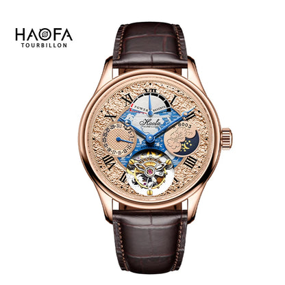 HAOFA Tourbillon men's watch featuring a rose gold case, a brown leather strap, and a highly detailed skeleton dial with a blue and gold moon phase insert, set against a plain white background with the brand logo in the top left corner.