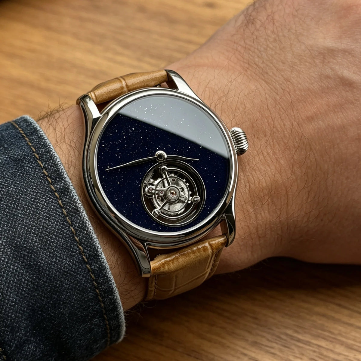 Close-up of a wrist wearing a watch with a brown leather strap and dark face.
