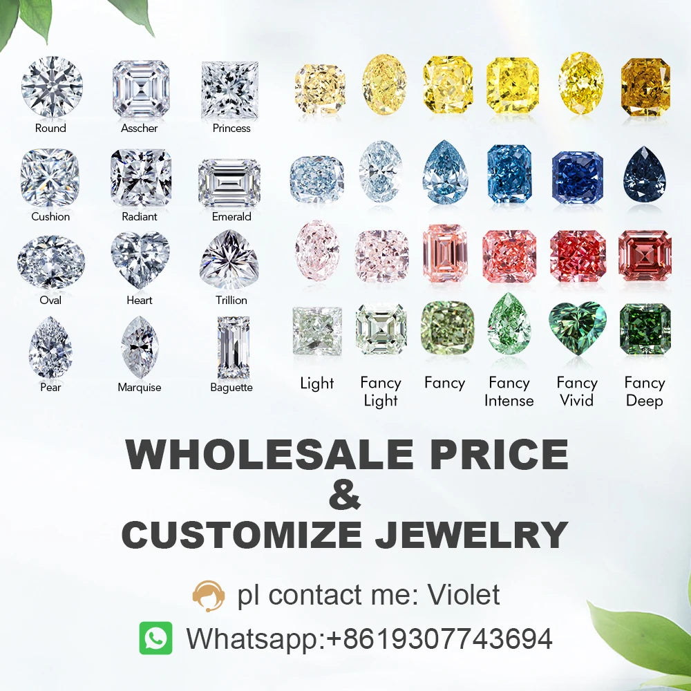 Diamond shapes chart with various diamond cuts and a contact information for wholesale jewelry.