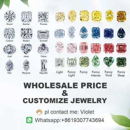 Diamond shapes chart with various diamond cuts and a contact information for wholesale jewelry.