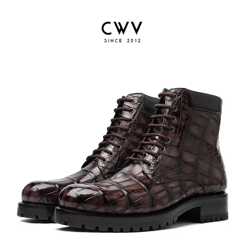 A pair of dark brown crocodile-embossed lace-up ankle boots with black soles, shown on a white background with the brand logo 'CWV' at the top.
