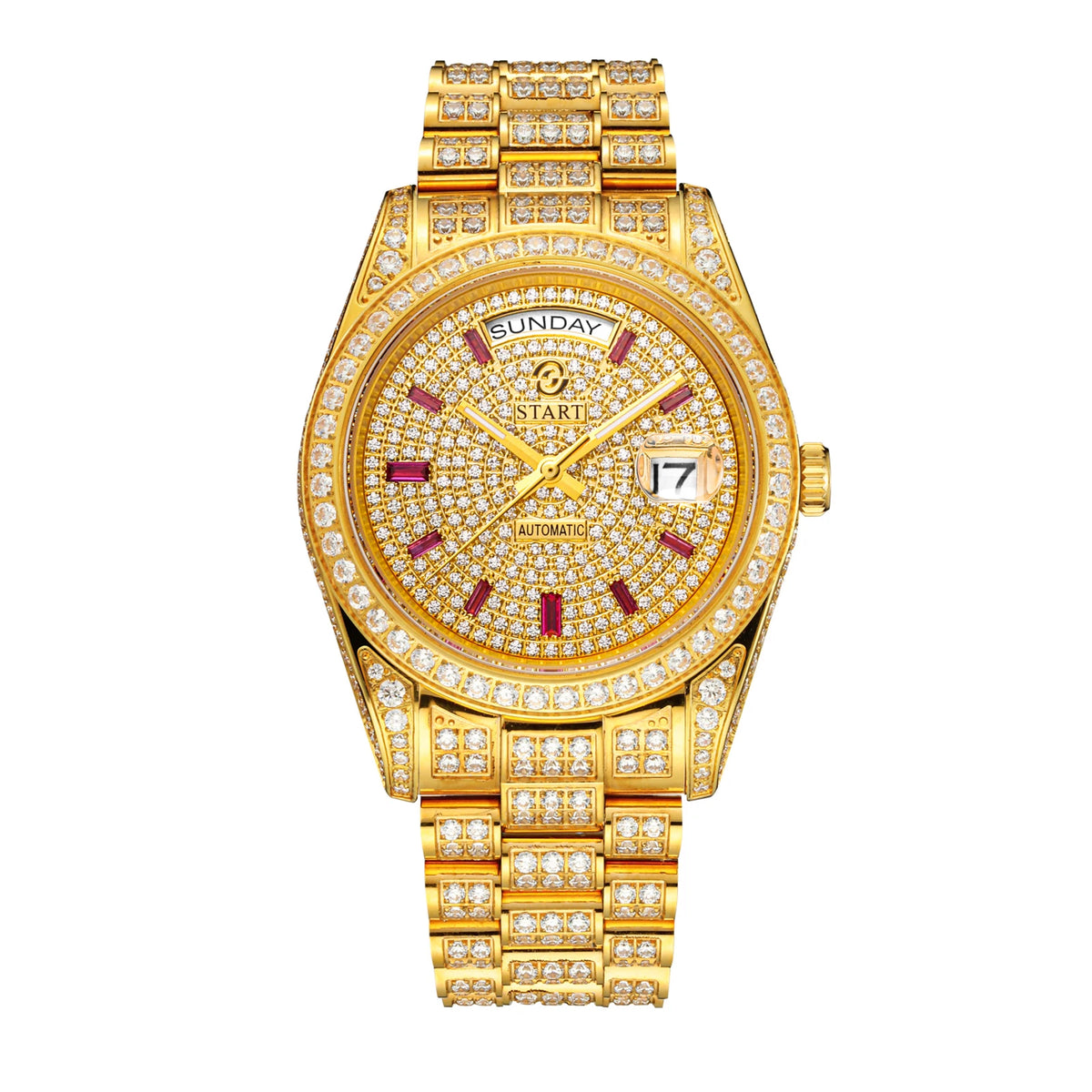 【START】Men's watch Swiss Automatic Mechanical Movement Diamond Watch Waterproof Date Week Function Golden watch