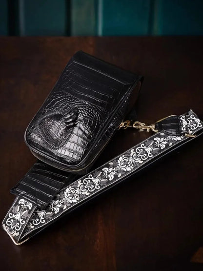 Top Quality Men Crocodile Genuine Leather Chest Bag Travel Flap Crossbody Bag New Fashion Floral Embroidery Strap Shoulder Bags