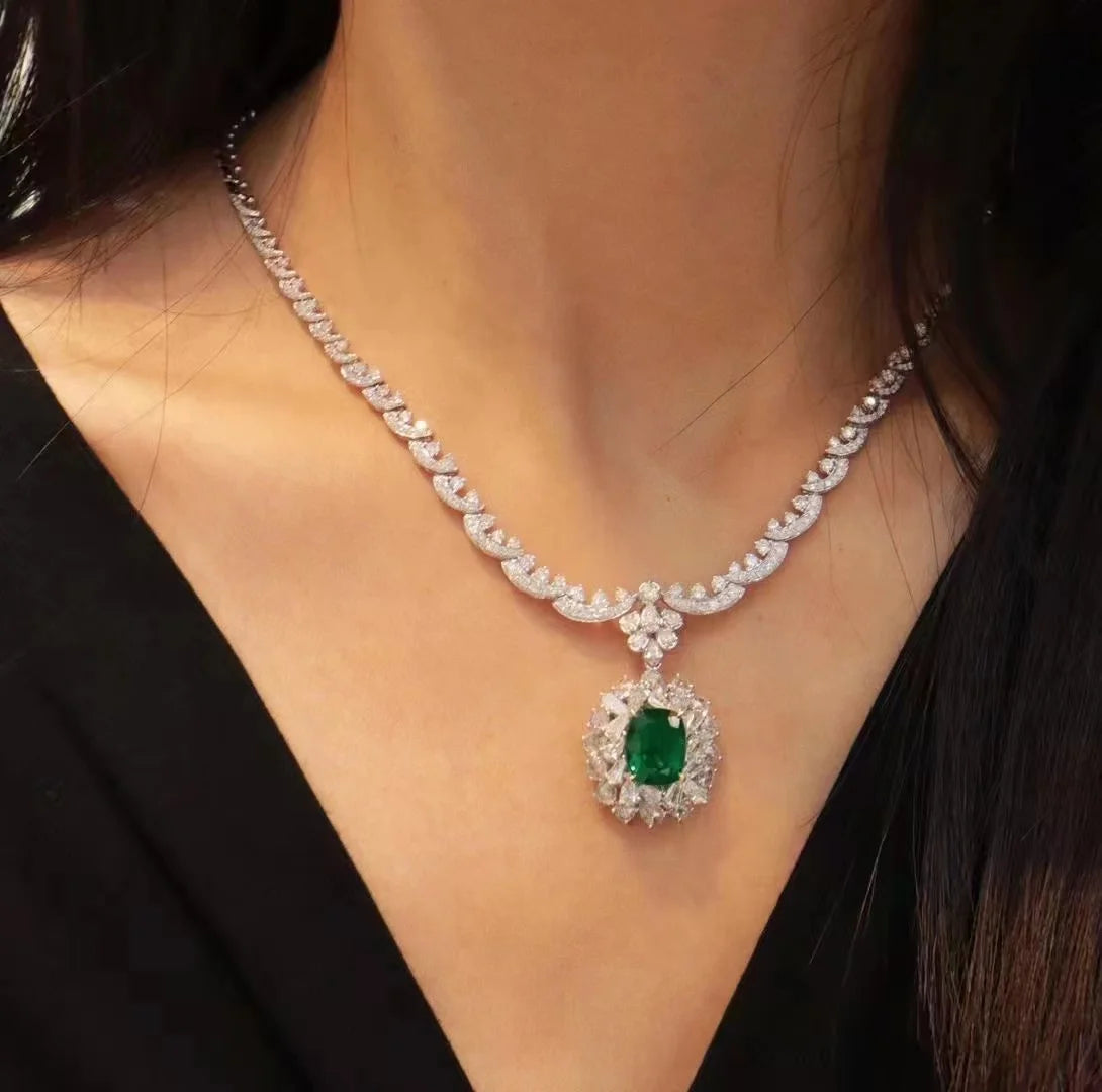 3CT Lab Emerald (Oval Cut) and Side stone 3.4ctw Lab Grown White Diamond DEF Color VS-VVS Solid 10k White Gold Necklace For Lady