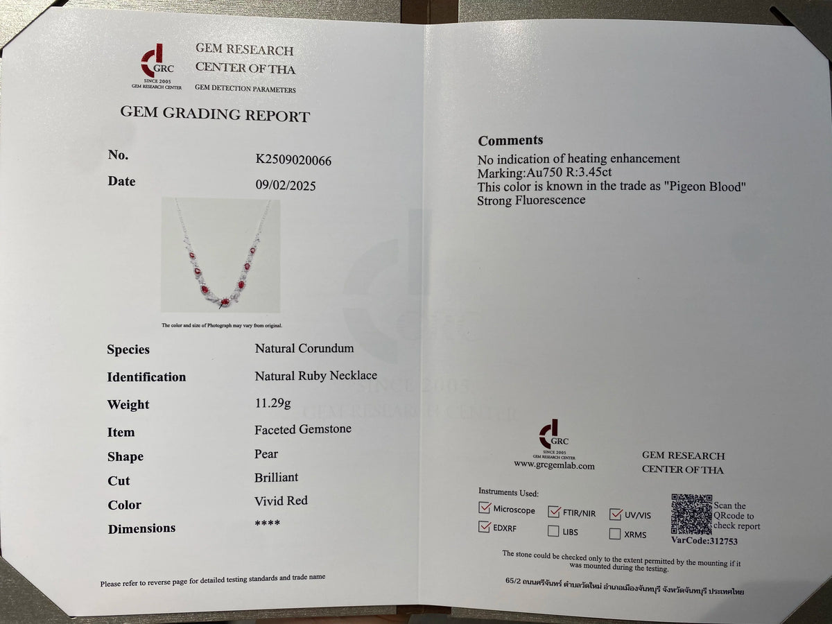 An open white gemstone grading report booklet from Gem Research Center of Thailand, showing details for a Natural Ruby Necklace including color, weight, and identification.