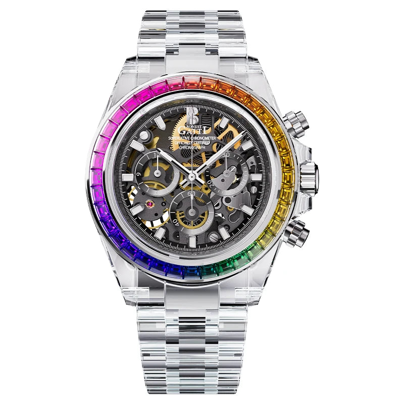Omega x Swatch MoonSwatch Big Bang watch with a silver stainless steel bracelet, a transparent dial showing the inner mechanical movement, and a vibrant rainbow-colored bezel.