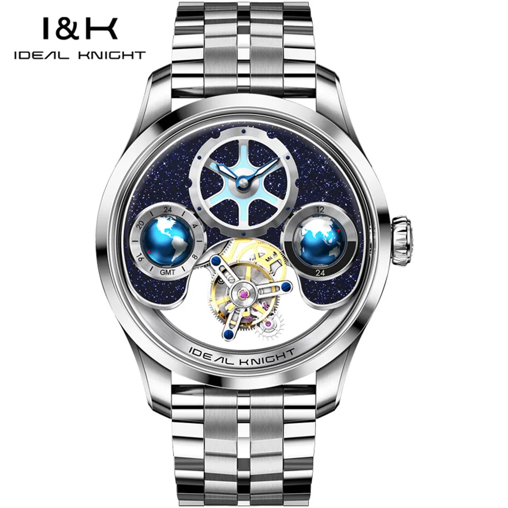 IDEAL KNIGHT Real Tourbillon Automatic Watches for Men 43mm Large Dial Blue Earth Series High-end Luxury Brand Mechanical Watch