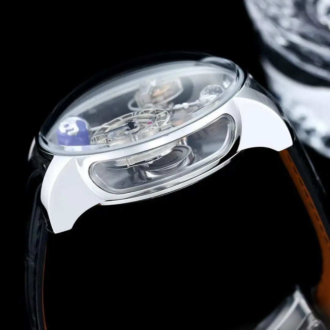Luxury Astronomical Tourbillon Watch, 3D Celestial Rotating Dial Skeleton Quartz Wristwatch with Blue Leather Strap for Men