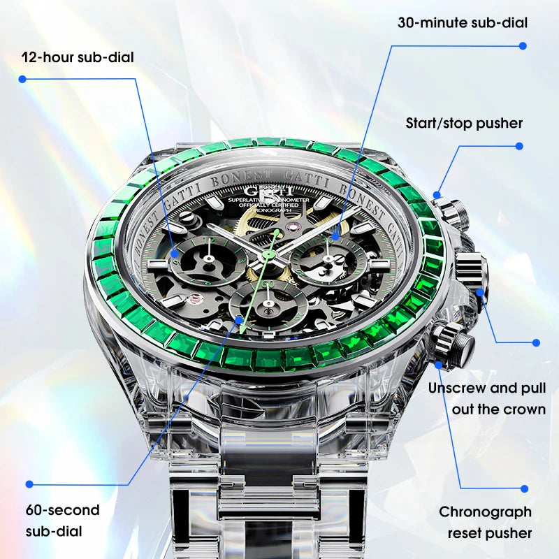 A stainless steel skeleton watch with a silver-tone case, green bezel accents, and a transparent crystal bracelet, shown with multiple callout labels pointing to features like the 12-hour sub-dial, 30-minute sub-dial, start/stop pusher, chronograph reset pusher, and unscrewing the crown.