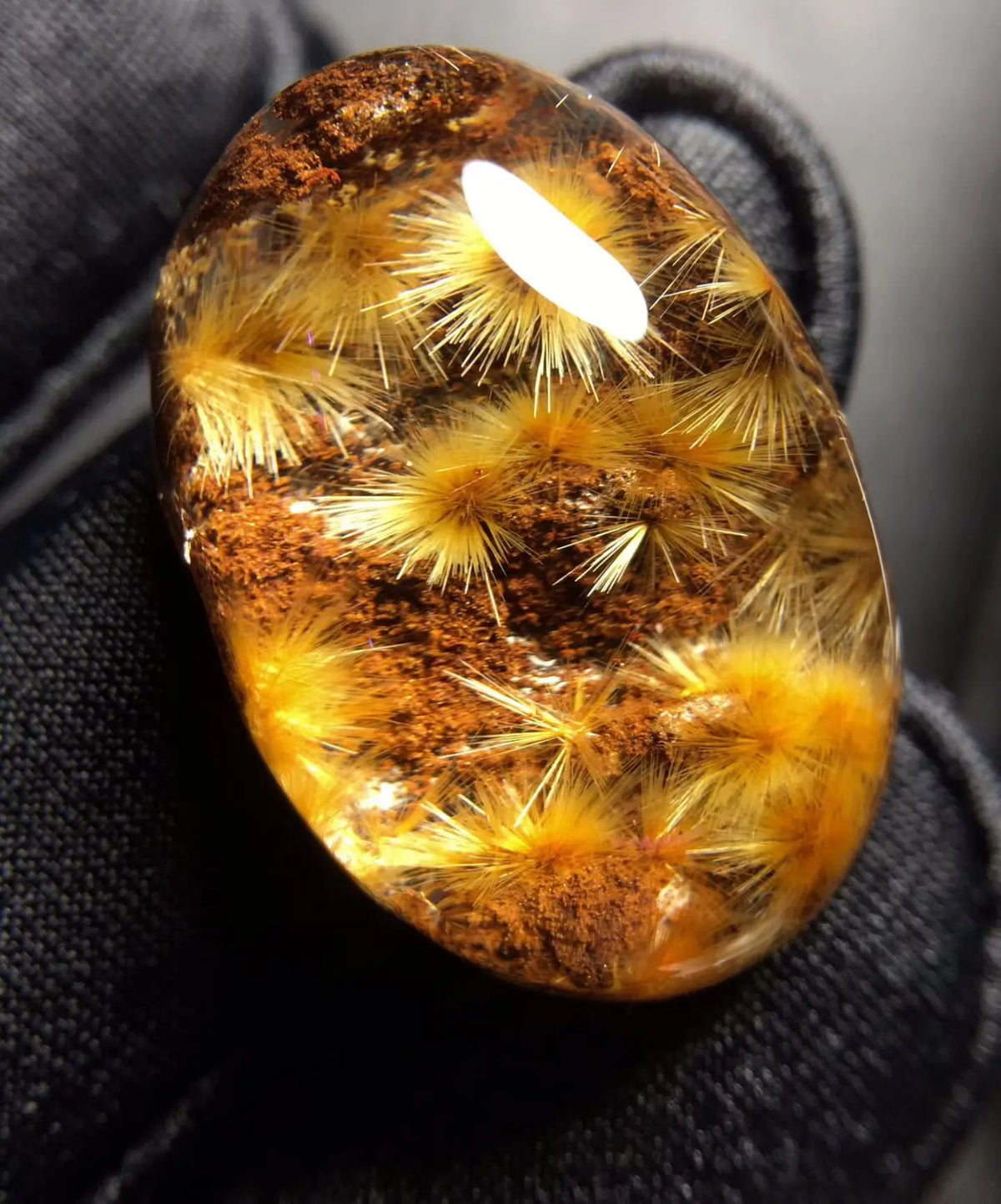 A polished oval gemstone or crystal with golden yellow and amber tones, containing radiating golden needle-like inclusions, resting on a dark textured fabric background.