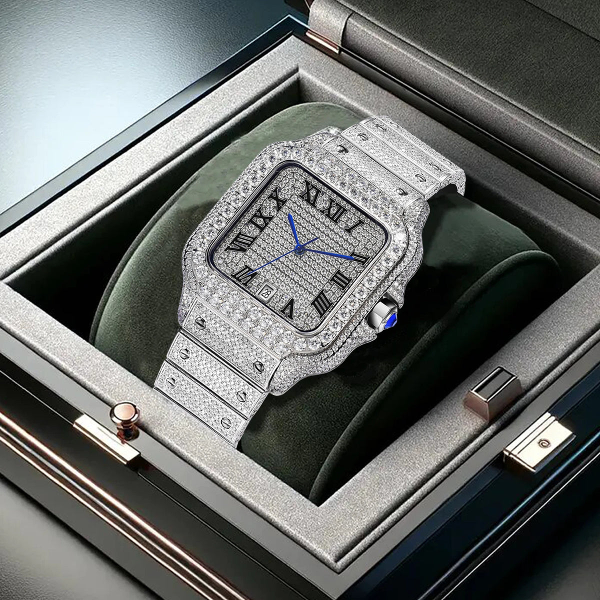 A luxury watch with a diamond-encrusted silver-toned case and matching bracelet, displayed inside an open presentation box with a dark green cushion.