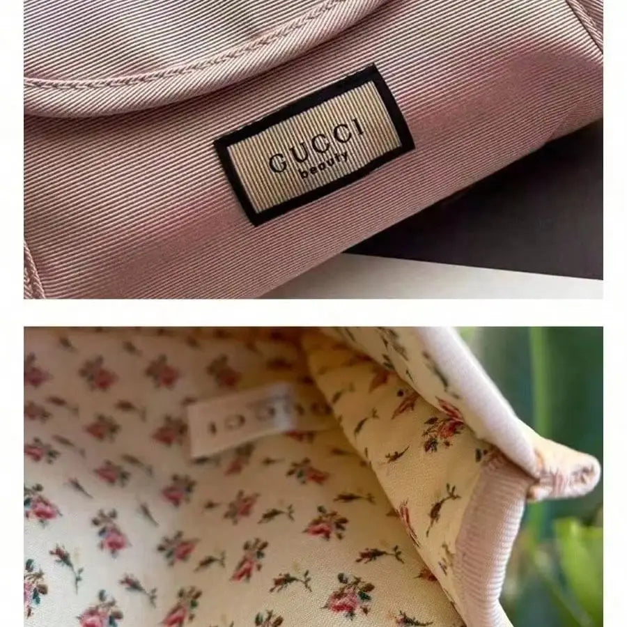 A split close-up of a Gucci textile product, showing the exterior top panel with a stitched Gucci label in the upper half, and the interior lining in the lower half featuring a small floral print on a light cream background.