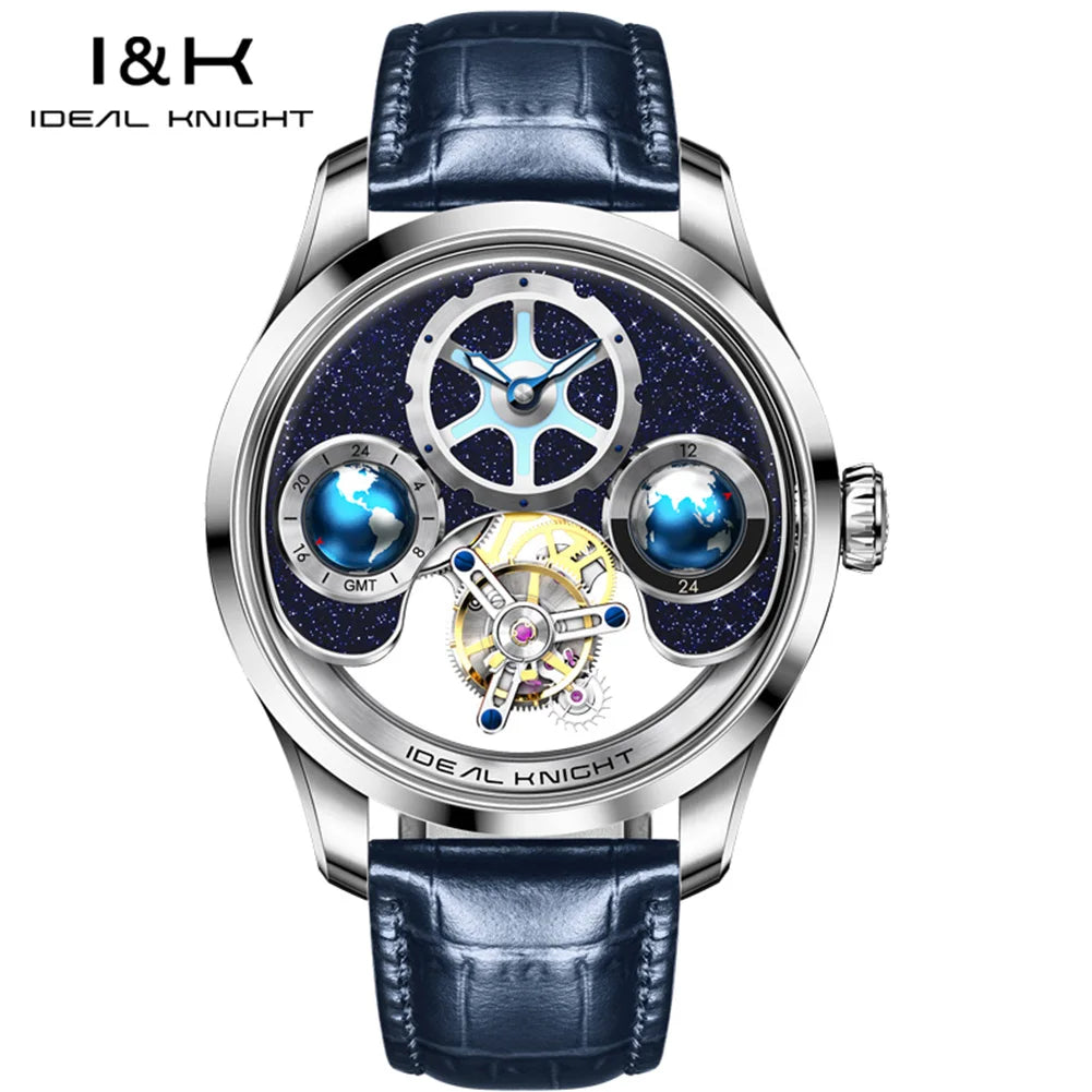 IDEAL KNIGHT Real Tourbillon Automatic Watches for Men 43mm Large Dial Blue Earth Series High-end Luxury Brand Mechanical Watch