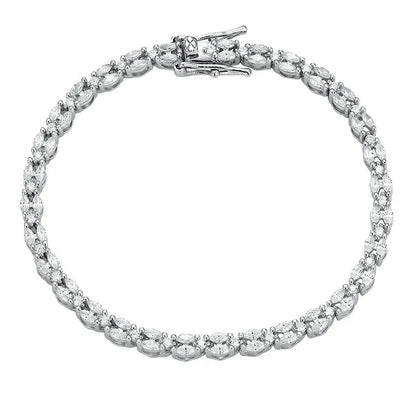 A silver tennis bracelet featuring a double row of marquise-cut and oval-cut clear stones, displayed on a solid white background.
