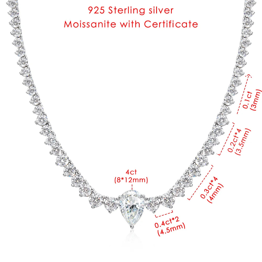 Sterling silver moissanite necklace with a pear-cut center stone, shown on a white background with red text and dimension callouts for size and carat details.