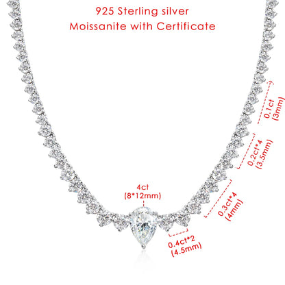 Sterling silver moissanite necklace with a pear-cut center stone, shown on a white background with red text and dimension callouts for size and carat details.