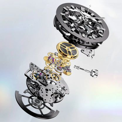 An exploded view of a mechanical watch movement, showing silver and gold-toned gears, plates, springs, and other internal components floating against a soft light gray background.