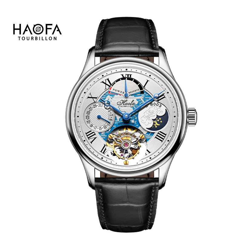 Haofa Tourbillon men's watch featuring a silver-tone case, a black leather strap, and an intricate skeleton dial with blue and gold details, shown on a white background with the brand logo in the top left.