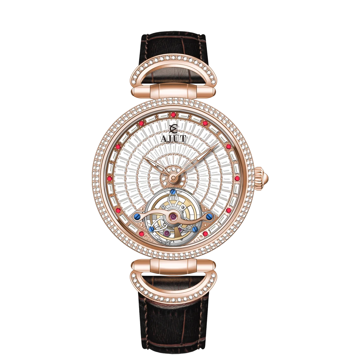 Luxury watch with intricate design and rose gold casing on a white background