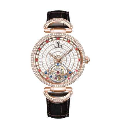 Luxury watch with intricate design and rose gold casing on a white background