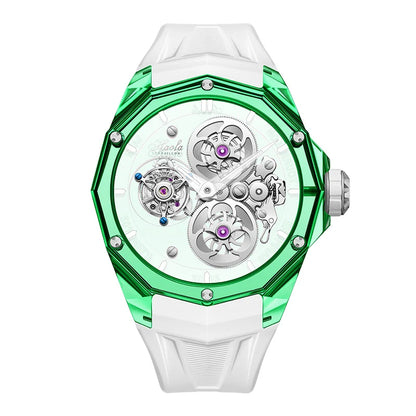 Green and white watch with transparent case on a white background