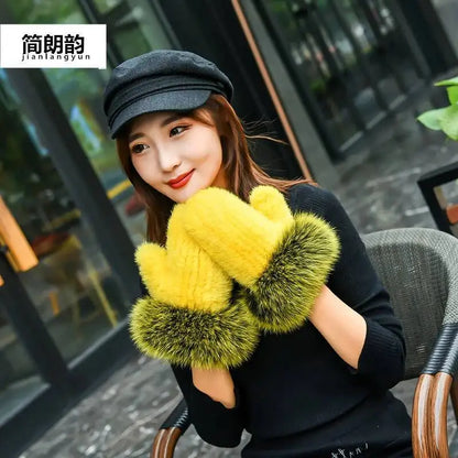 2026 Real Mink Fur Gloves For Women Winter Fox Fur Cuffs Women's Mittens Hand Knitted Full Finger Gloves Lady Fluffy Luxury Fur