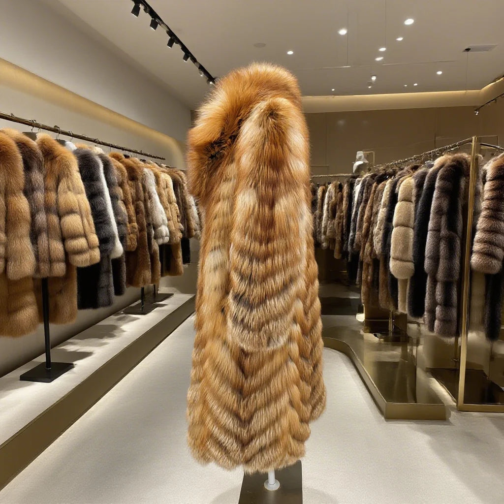 A luxurious long fur coat with a large shawl collar, displayed on a mannequin in a high-end fur and leather boutique. The coat features a rich gradient of warm tan, golden-brown, and cream fur with natural dark tips.