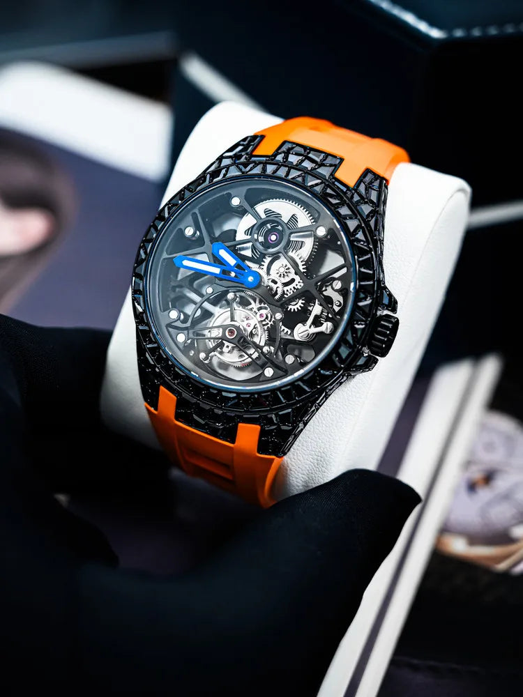 Round hollow tourbillon mechanical movement waterproof men's watch