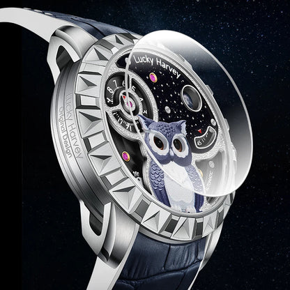 Luxury watch with intricate design and 'Lucky Harvey' branding on a dark background