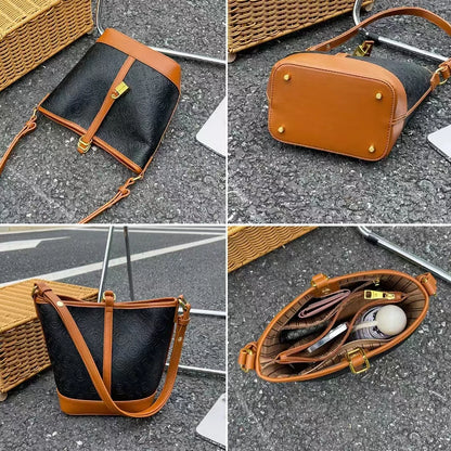 A four-panel collage showing a small black monogram shoulder bag with tan leather trim from multiple angles. The top-left panel shows the bag on a wicker chair, the top-right shows the bag on asphalt with its strap visible, the bottom-left shows the bag upright on a chair, and the bottom-right shows the open bag interior with compartments and accessories.