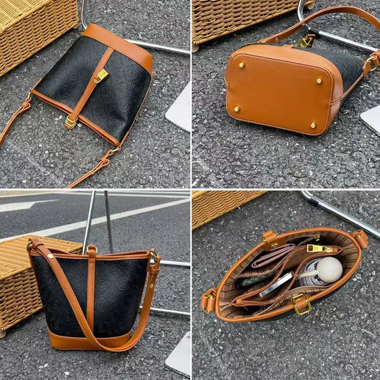 A four-panel collage showing a small black monogram shoulder bag with tan leather trim from multiple angles. The top-left panel shows the bag on a wicker chair, the top-right shows the bag on asphalt with its strap visible, the bottom-left shows the bag upright on a chair, and the bottom-right shows the open bag interior with compartments and accessories.