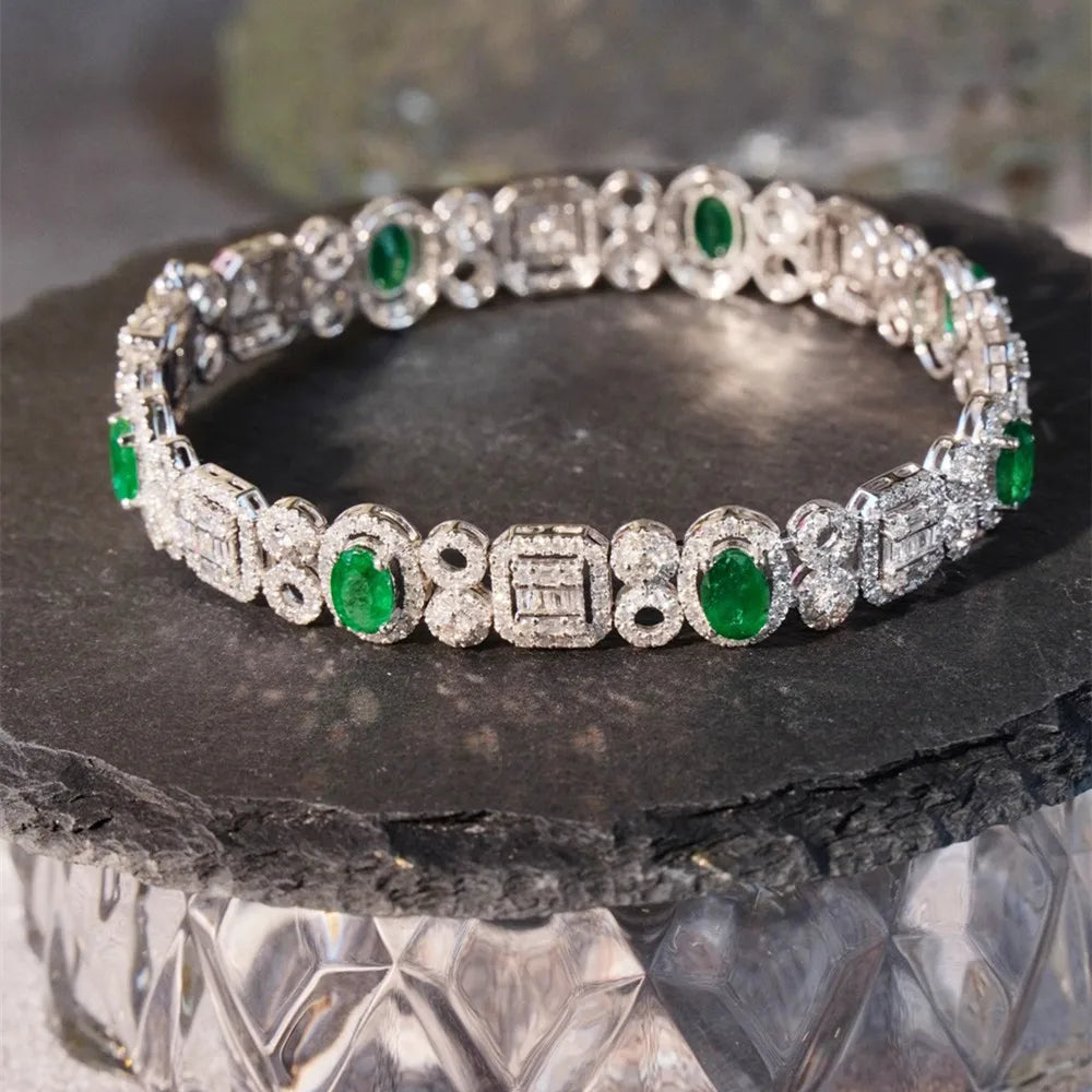 Shelly Retro Court Style Real 18K Solid White Gold AU750 Jewelry Natural Diamonds 5.0ct Emerald 3.5ct Bracelets for Women Gift