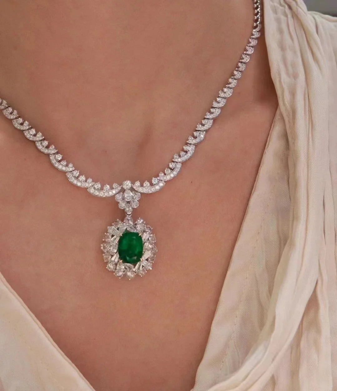 3CT Lab Emerald (Oval Cut) and Side stone 3.4ctw Lab Grown White Diamond DEF Color VS-VVS Solid 10k White Gold Necklace For Lady
