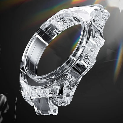 Clear crystal-like ring with a dark background