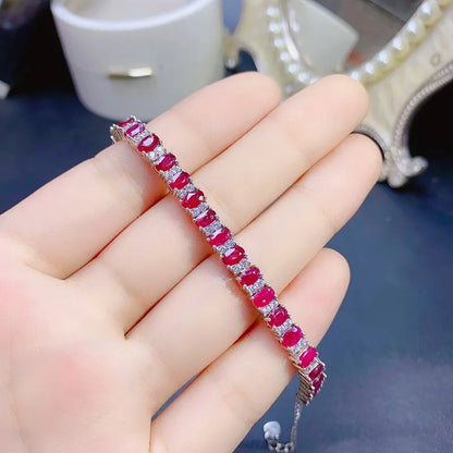 925 Silver Full-Set Natural Ruby Bracelet, AAA Gemstone Chain with Certification, Luxury Red Jewelry for Women