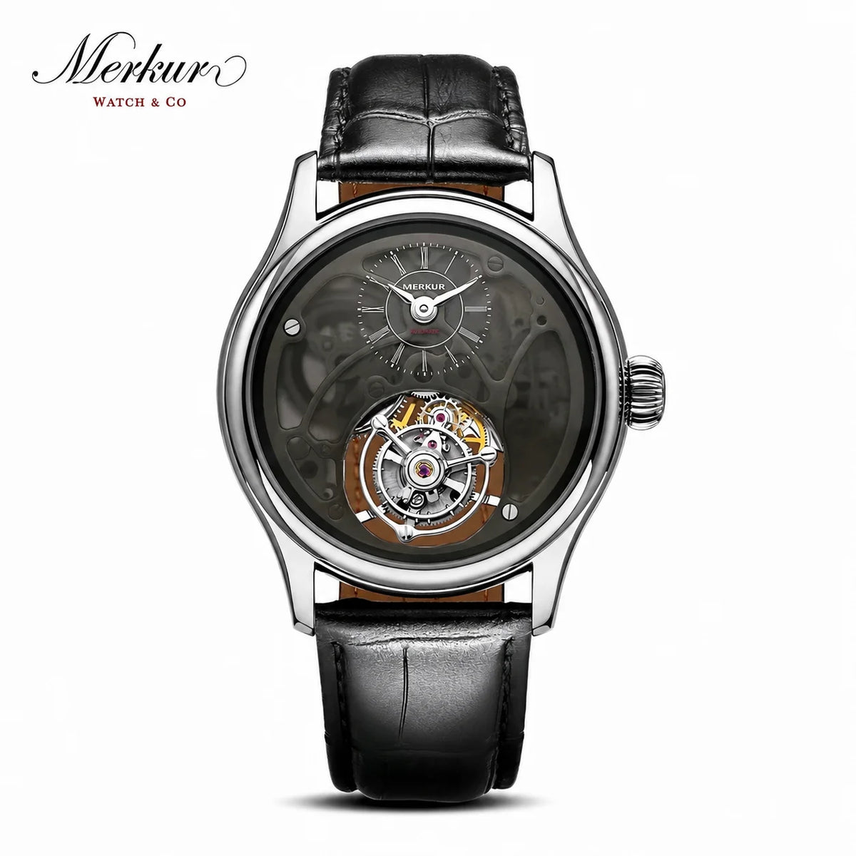 Merkur watch with black leather strap and transparent face on a white background