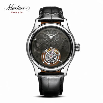 Merkur watch with black leather strap and transparent face on a white background