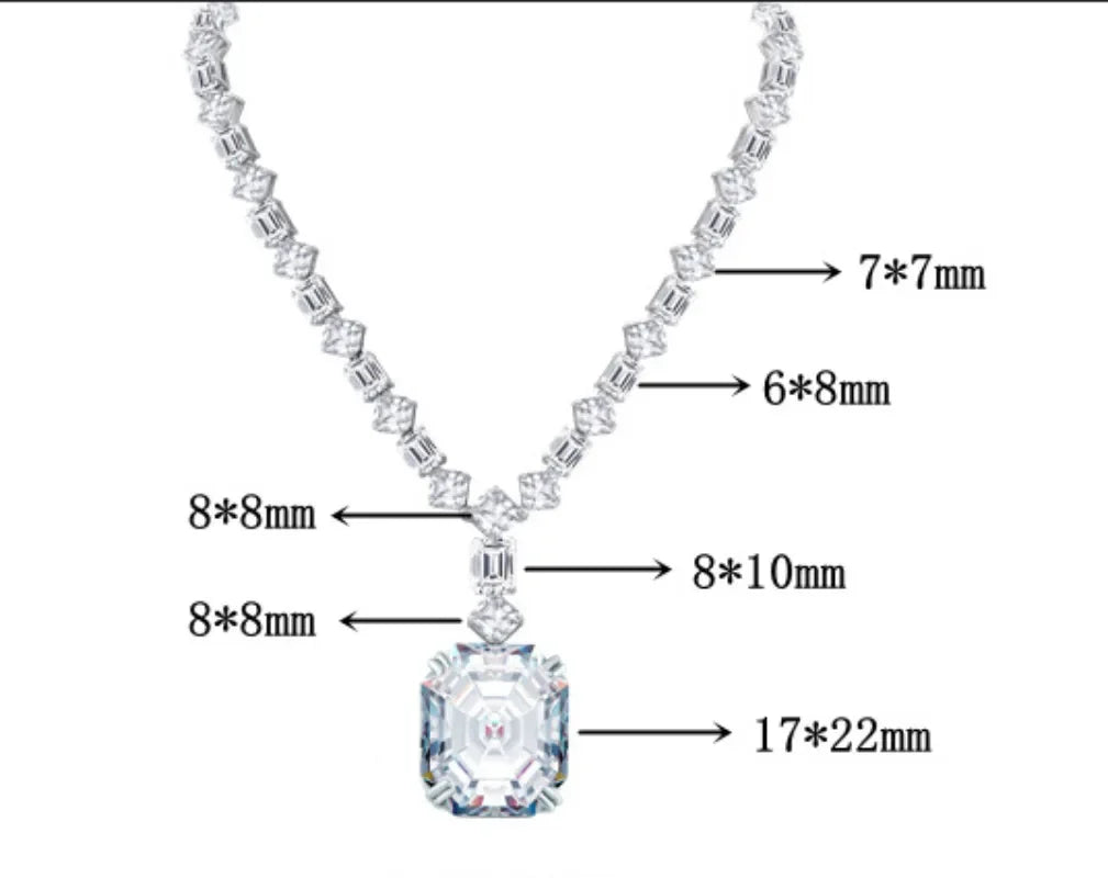 Diamond necklace with measurements labeled on a white background